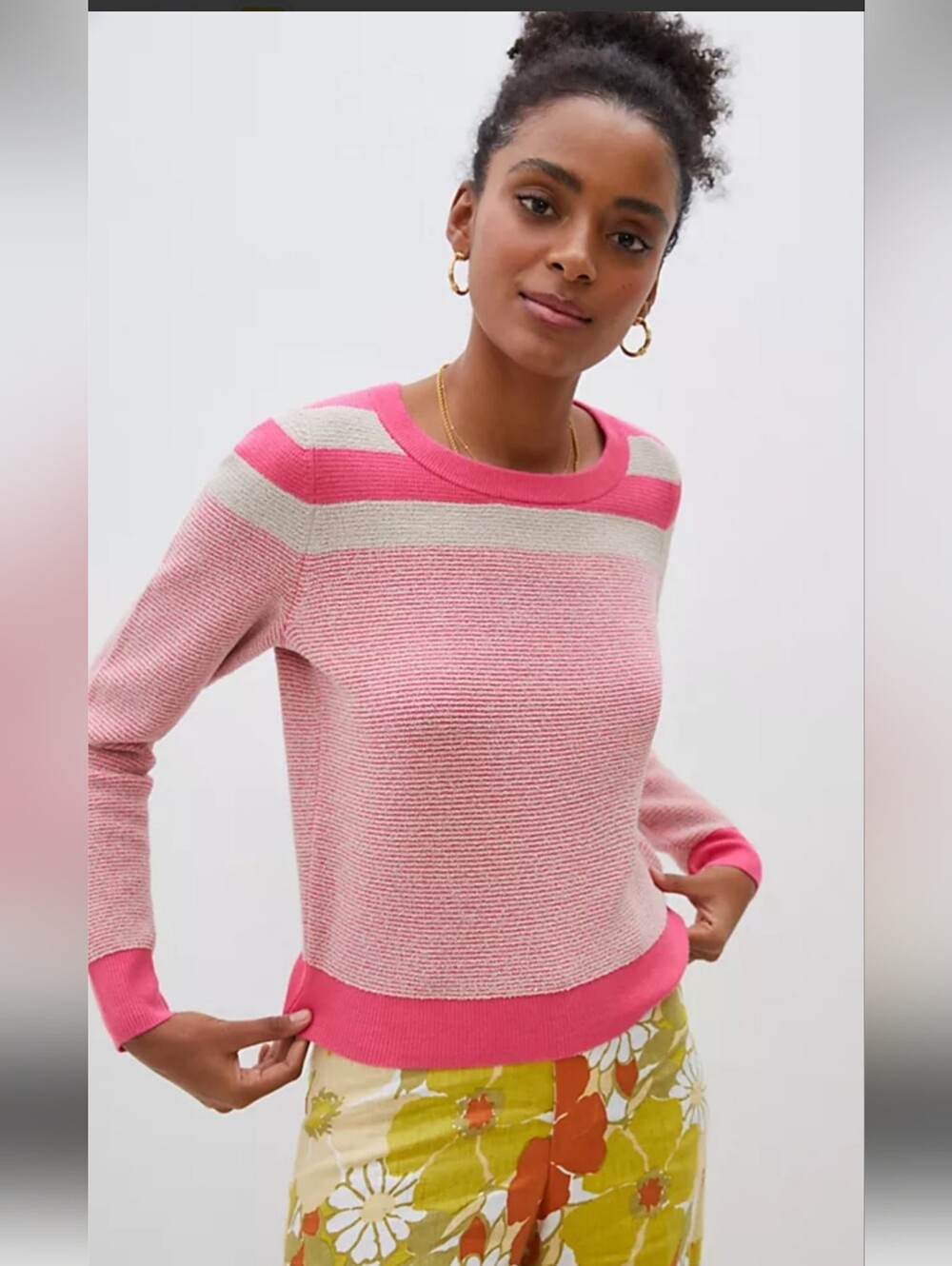Anthropologie Maeve 1X Striped Paulina Crewneck Sweater in Hot Pink & Cream